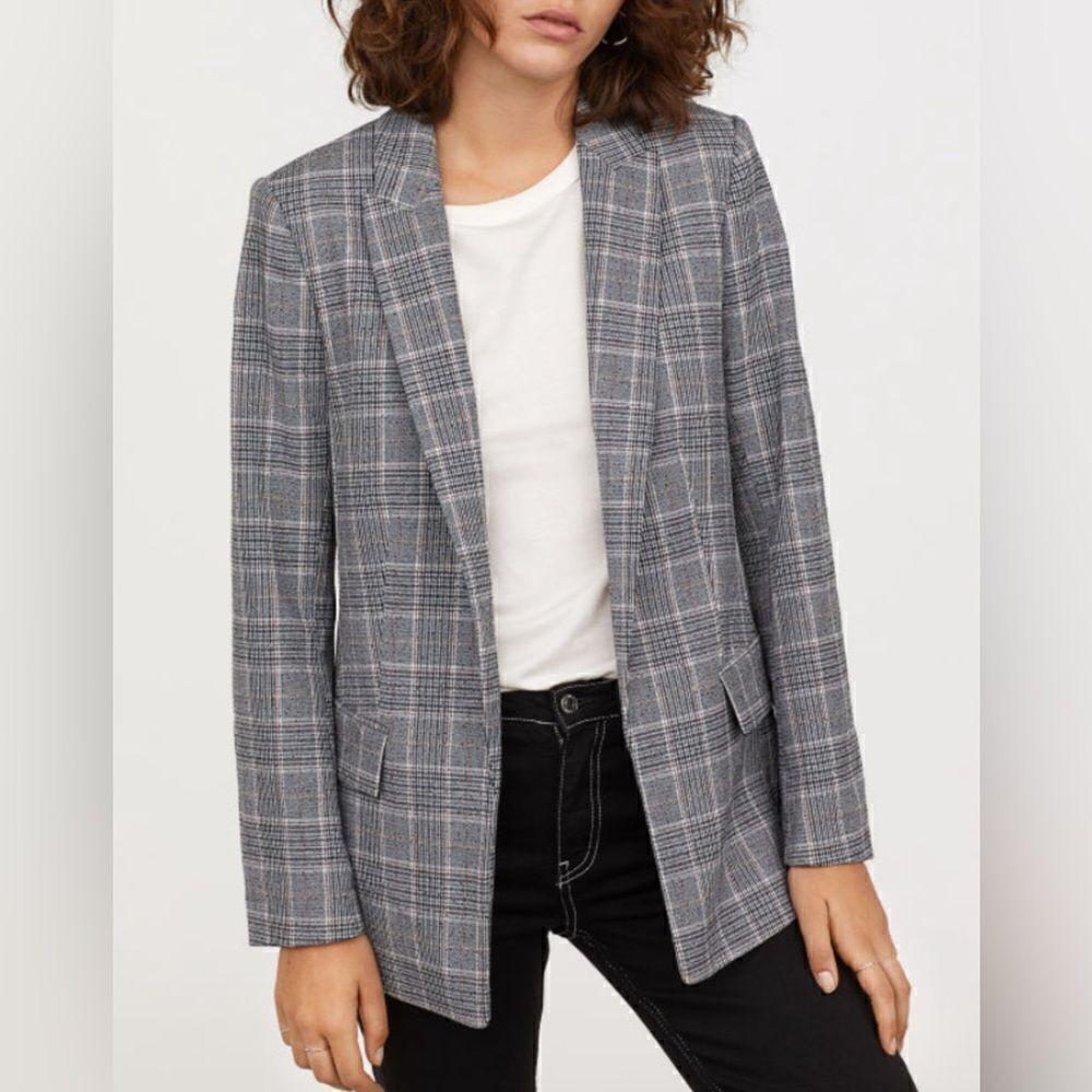 H&M Plaid Gray & White Open Front Blazer(Size 8)